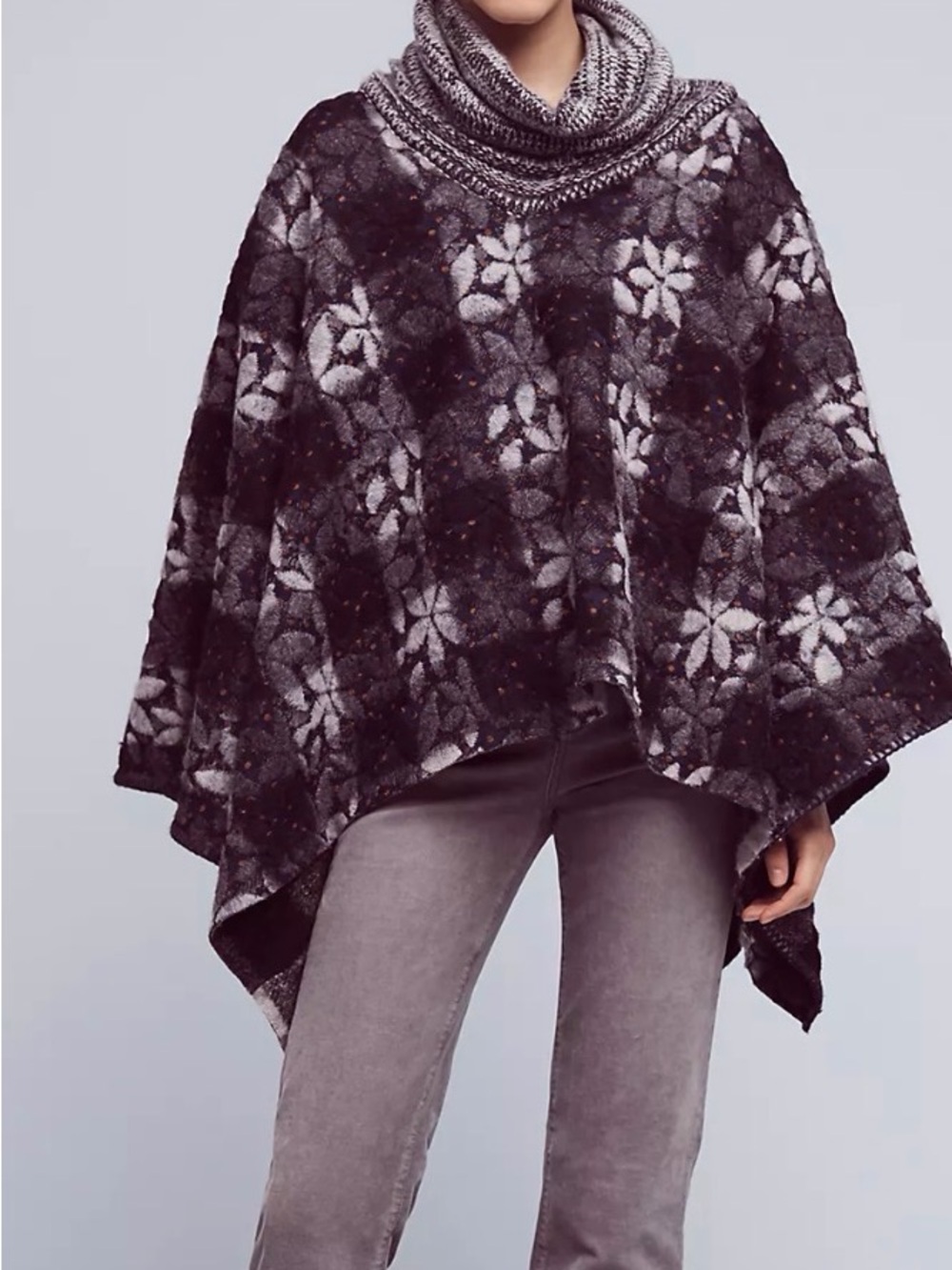 Wintertide Reversible wool Poncho. Black & Gray & Navy Floral Plaid Ponch